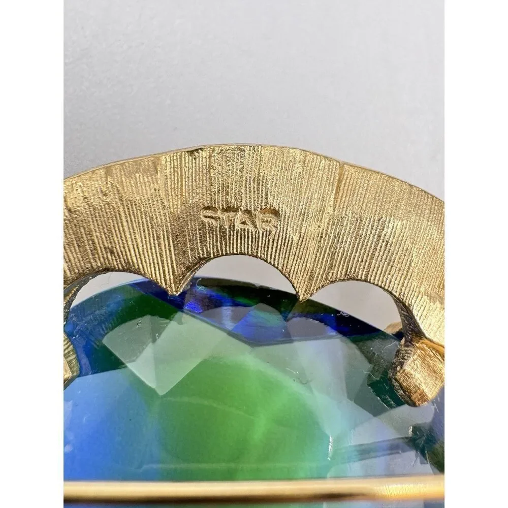Vintage‎ Large Gold ToBlue Green Faceted Glass Rhineston Brooch Signed STAR